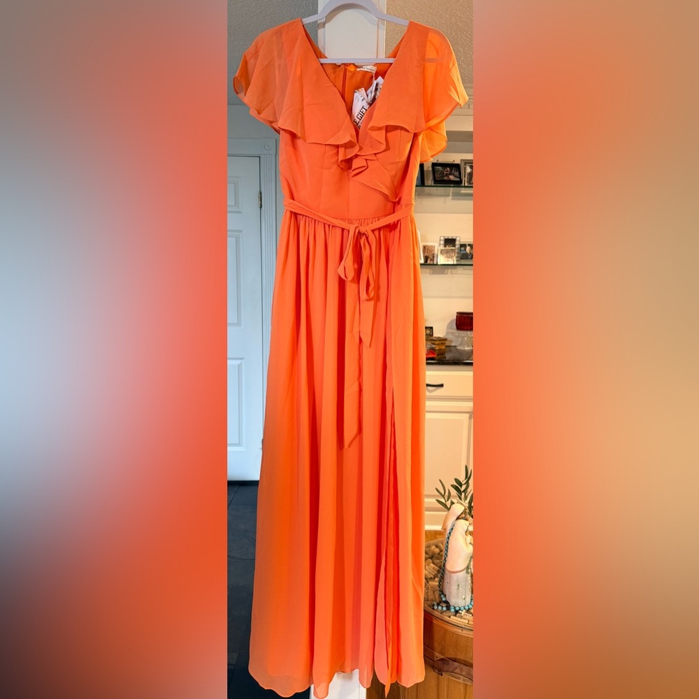 Flutter-Sleeve Orange Maxi Dress with Tie Waist